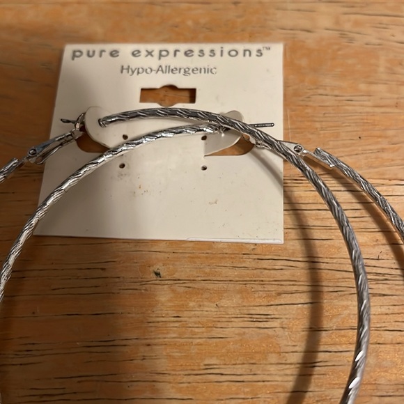 Large silver tone hoop pierced earrings, new on card, Pure Expressions - Picture 2 of 8